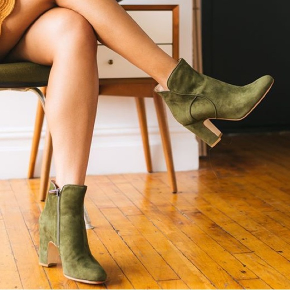 Olive Suede Ankle Booties with Block Heel